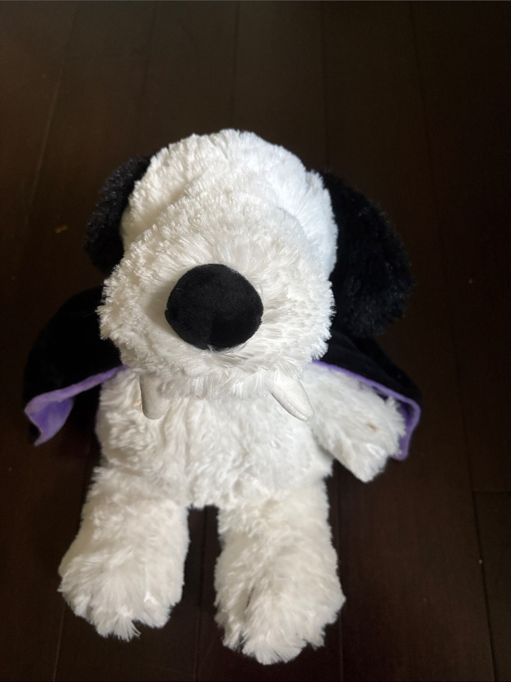 Plush White & Black Dog Pet Toy with Purple Accents